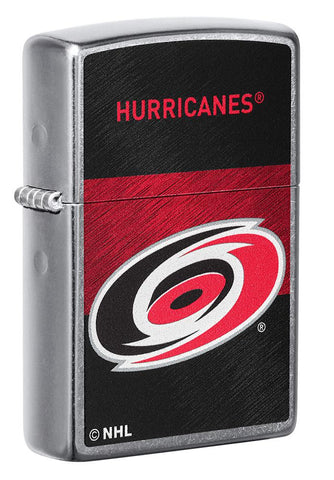 Front shot of NHL® Carolina Hurricanes Street Chrome™ Windproof Lighter standing at a 3/4 angle