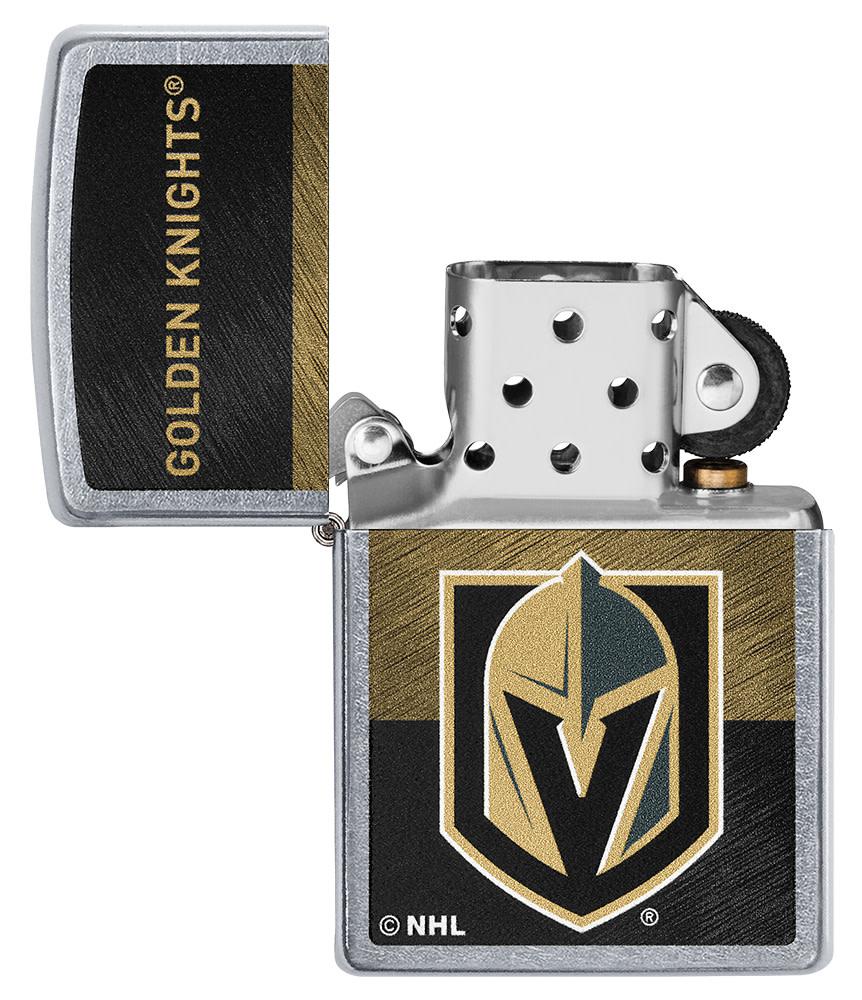 NHL® Vegas Golden Knights Street Chrome™ Windproof Lighter with its lid open and unlit