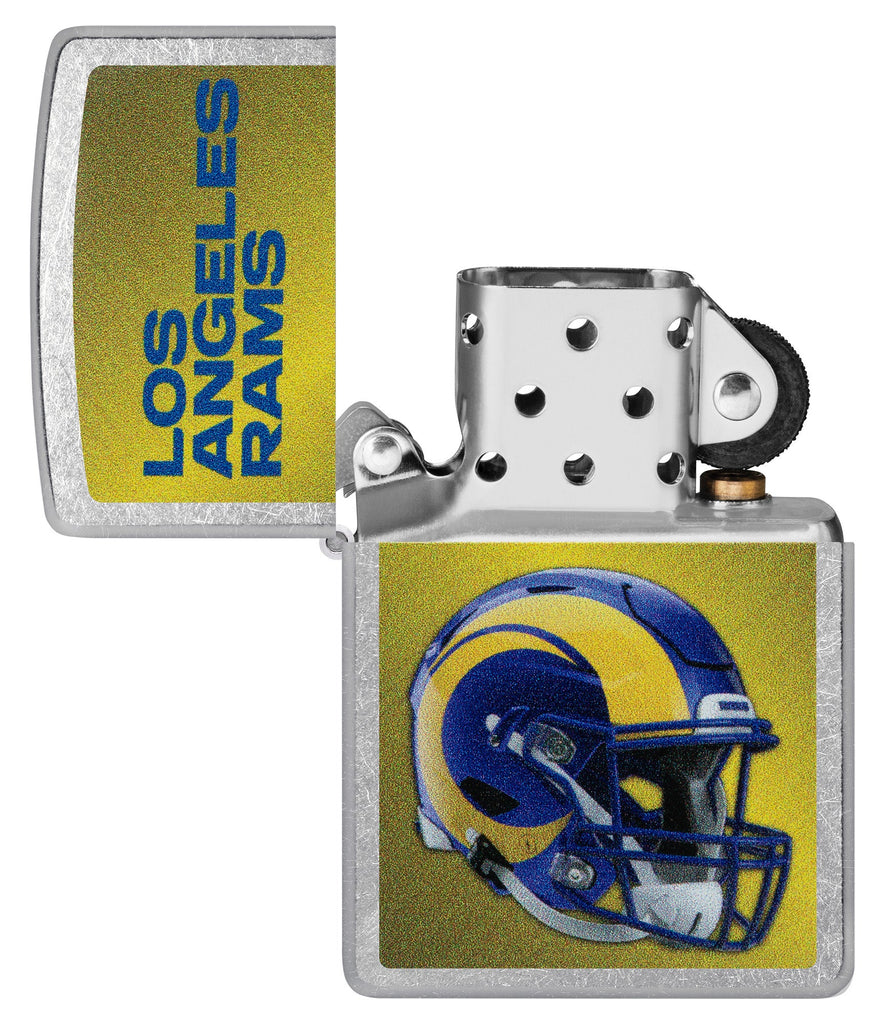 Zippo NFL Los Angeles Rams Helmet Street Chrome Windproof Lighter with its lid open and unlit.
