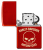 Zippo Harley-Davidson Laser Skull Metallic Red Windproof Lighter with its lid open and unlit.