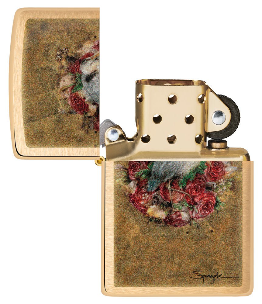 Spazuk Bird and Roses Design Brushed Brass Windproof Lighter with its lid open and unlit.
