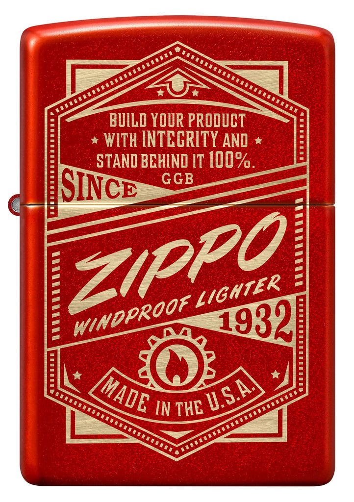 Front view of Zippo It Works Design Metallic Red Windproof Lighter.