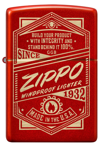 Front view of Zippo It Works Design Metallic Red Windproof Lighter.