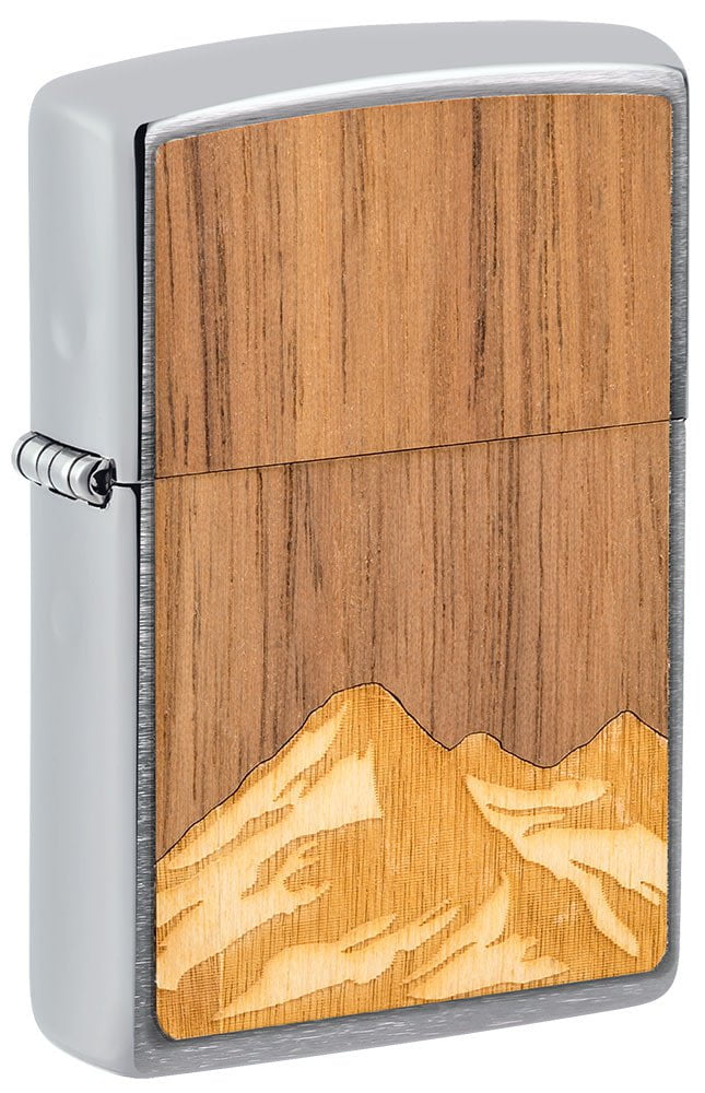 Front shot of WOODCHUCK USA Mountains Brushed Chrome Windproof Lighter standing at a 3/4 angle.
