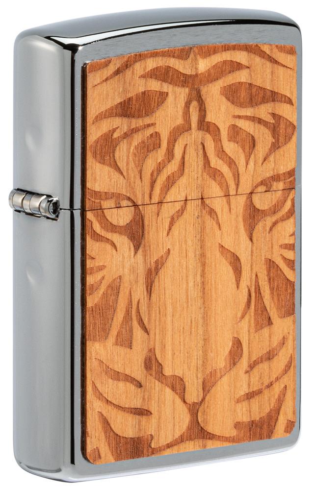 Front shot of WOODCHUCK USA Cherry Tiger Head Emblem Windproof Lighter standing at a 3/4 angle.