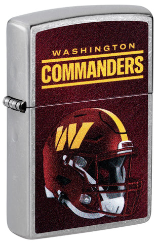 Front shot of NFL Washington Commanders Helmet Street Chrome Windproof Lighter standing at a 3/4 angle.