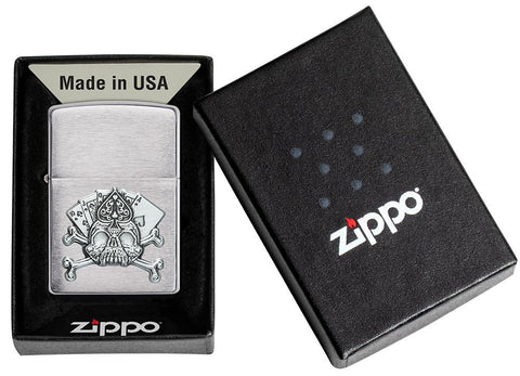Card Skull Emblem Design Windproof Lighter in its packaging