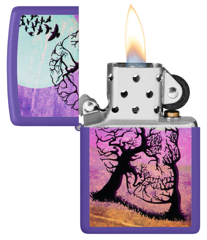 Zippo Skull Tree Design Purple Matte Windproof Lighter with its lid open and lit.