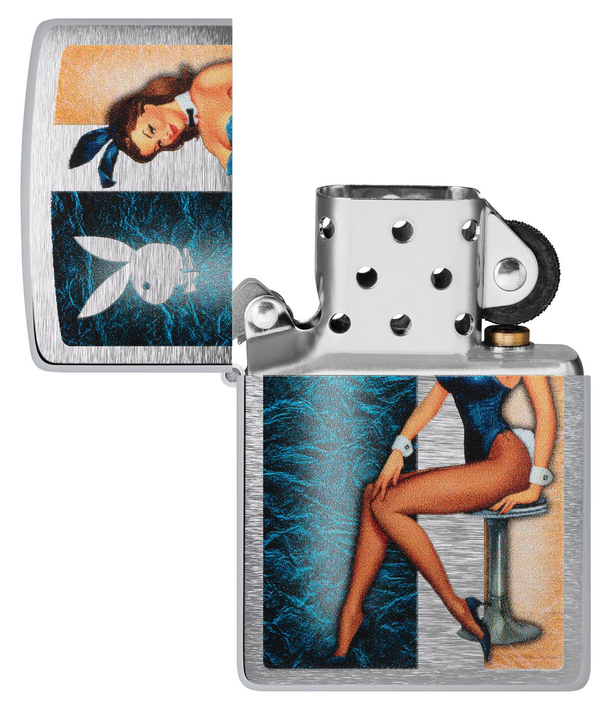 Playboy Playmate Brushed Chrome Windproof Lighter with its lid open and unlit.