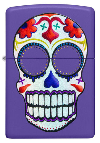 Front shot of Sugar Skull Design Purple Matte Windproof Lighter.