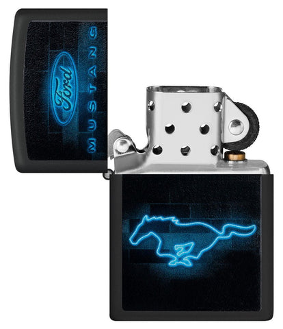 Ford Mustang Neon Logo Black Matte Windproof Lighter with its lid open and unlit.