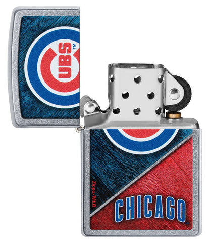 MLB® Chicago Cubs™ Street Chrome™ Windproof Lighter with its lid open and unlit.