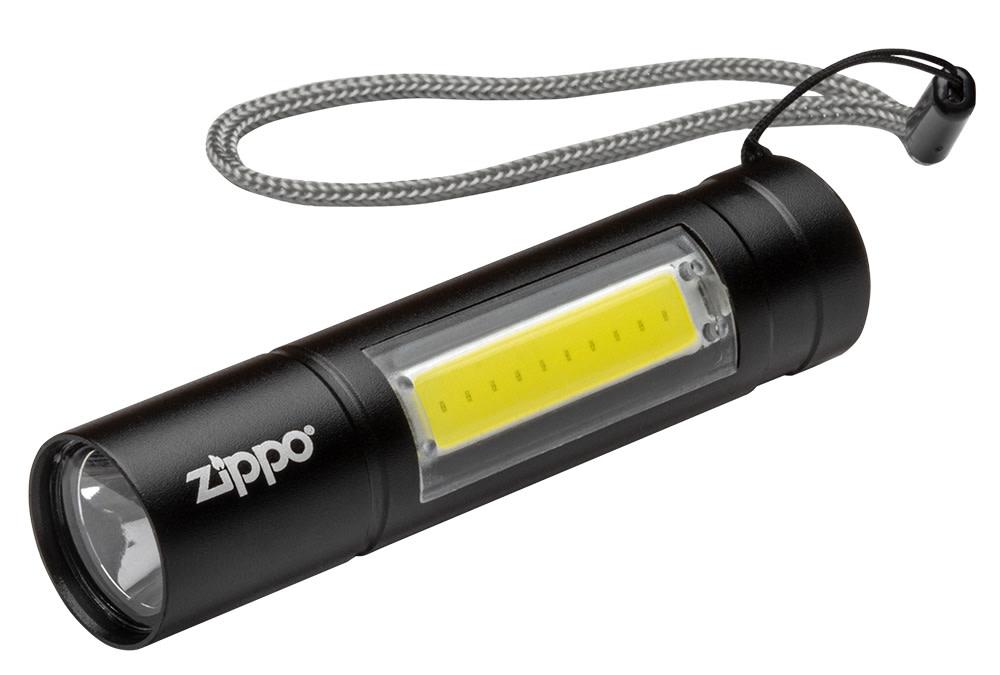 Zippo LED Flashlight shown at an angle, with its included wrist lanyard