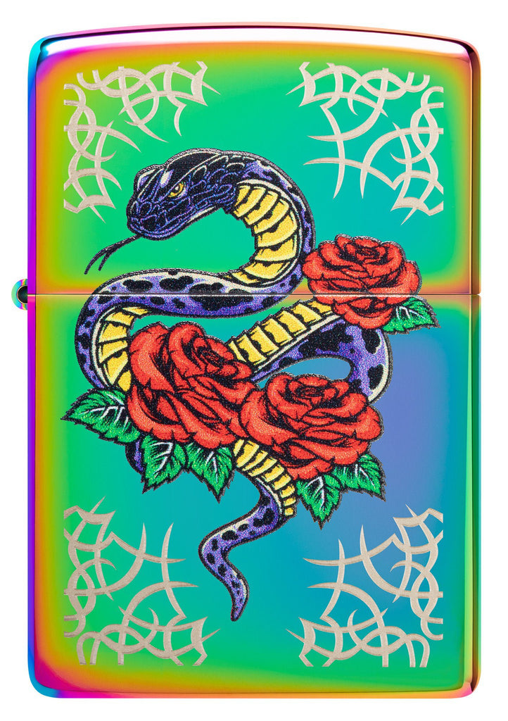 Front shot of Rose Snake Tattoo Design Multi Color Windproof Lighter.