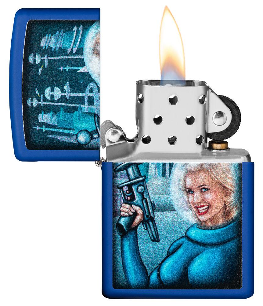 Retro Futuristic Royal Blue Matte Windproof Lighter with its lid open and lit