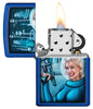 Retro Futuristic Royal Blue Matte Windproof Lighter with its lid open and lit