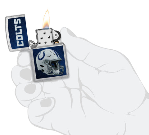 NFL Indianapolis Colts Helmet Street Chrome Windproof Lighter lit in hand.