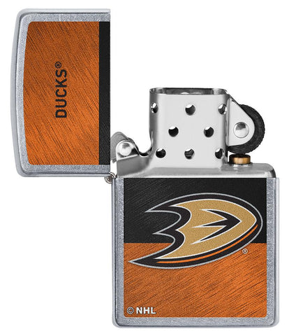 NHL® Anaheim Ducks Street Chrome™ Windproof Lighter with its lid open and unlit