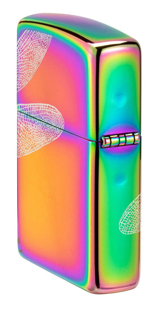 Angled shot of Zippo Dragonfly Design Multi Color Windproof Lighter showing the back and hinge side of the lighter.