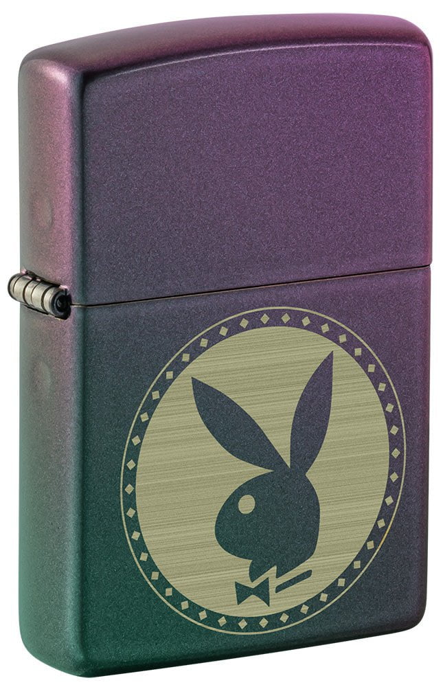 Front shot of Playboy Engraved Rabbit Head Iridescent Windproof Lighter standing at a 3/4 angle.