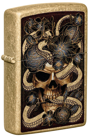 Front shot of Snake Bouquet Design Tumbled Brass Windproof Lighter standing at a 3/4 angle.