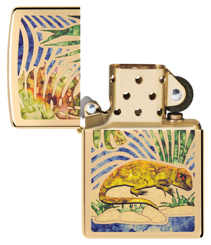 Lizard Fusion High Polish Brass Windproof Lighter with its lid open and unlit.