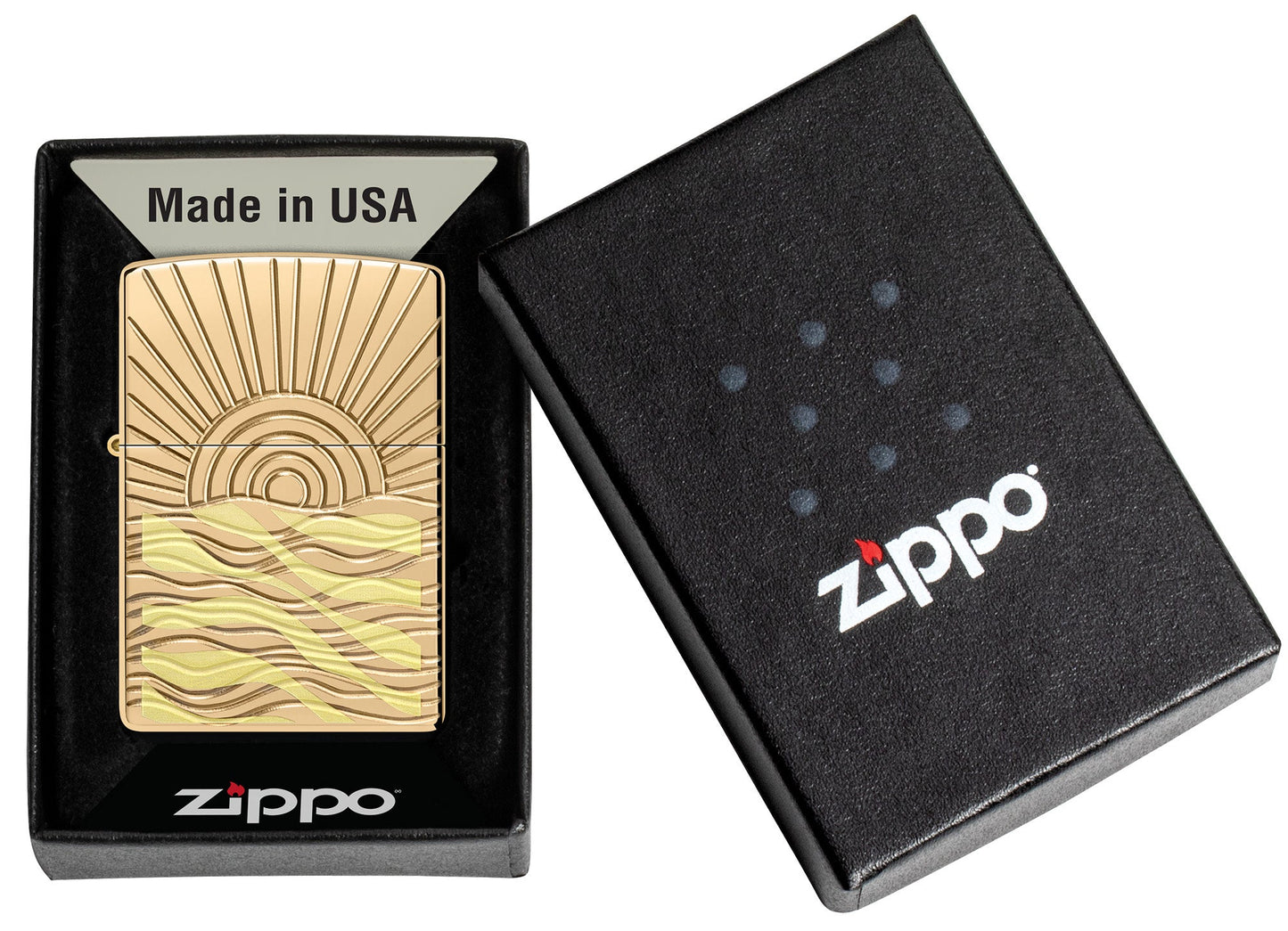 SunBeam Pendant ArmorÂ® High Polish Brass Windproof Lighter in it's packaging.
