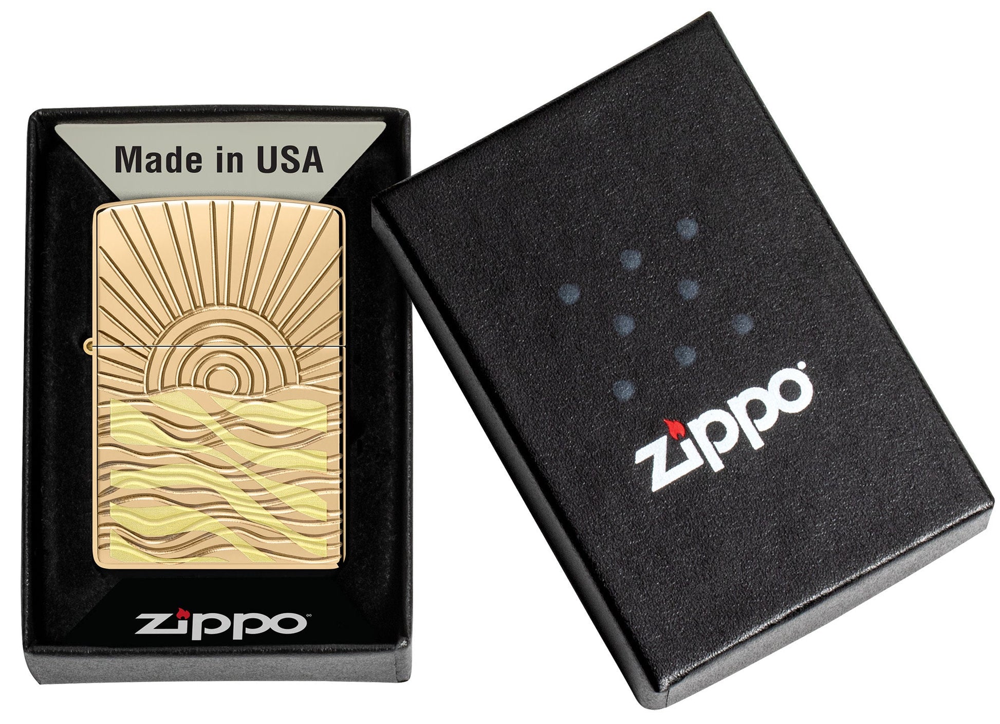 SunBeam Pendant ArmorÂ® High Polish Brass Windproof Lighter in it's packaging.