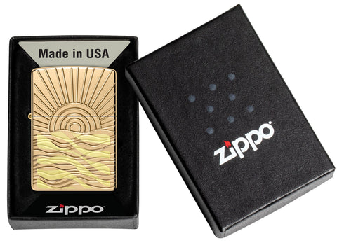 SunBeam Pendant Armor® High Polish Brass Windproof Lighter in it's packaging.