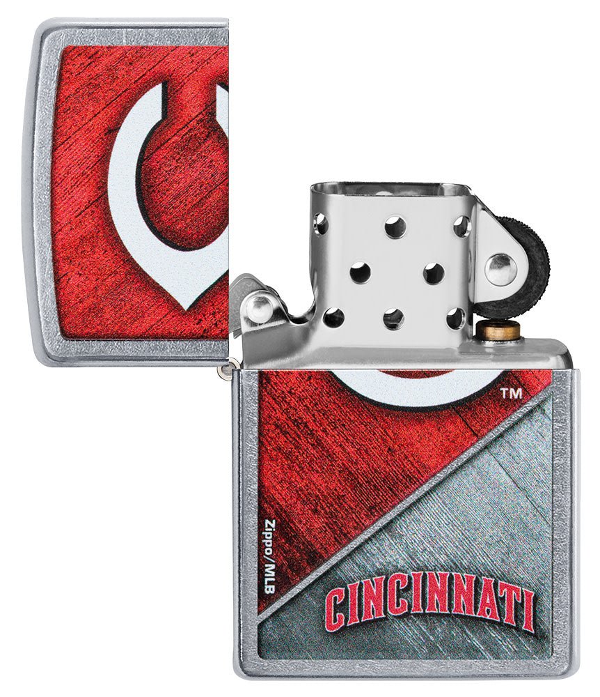 MLB™ Cincinnati Reds™ Street Chrome™ Windproof Lighter with its lid open and unlit.