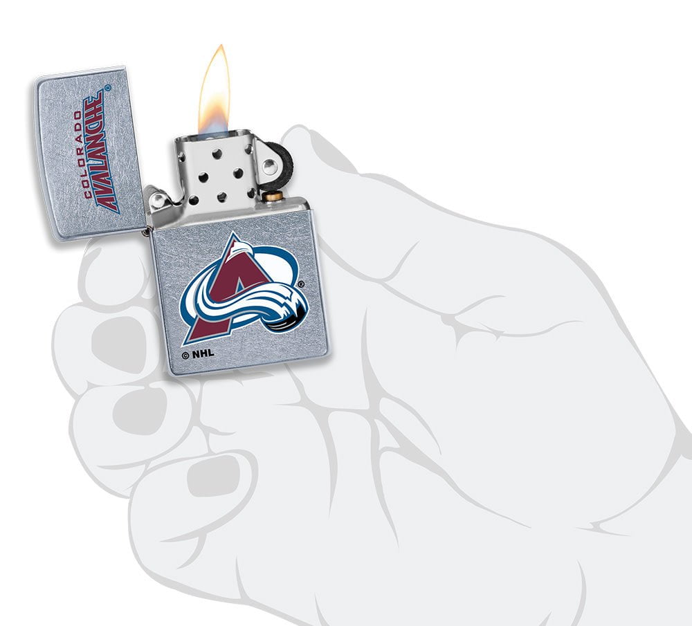 NHL Colorado Avalanche Street Chrome™ Windproof Lighter lit in hand