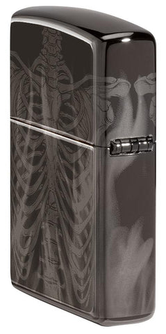 Rib Cage Design High Polish Black Windproof Lighter standing at an angle, showing the back and hinge side of the lighter.