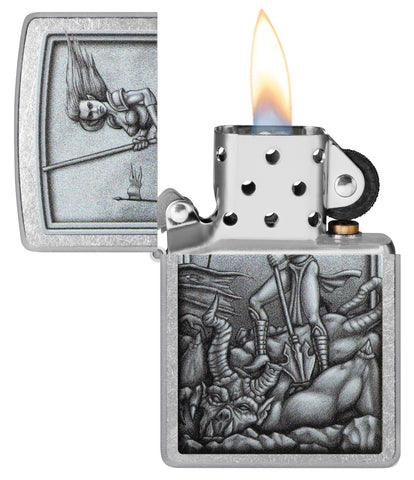 Medieval Wonman Warrior Street Chrome Windproof Lighter with its lid open and lit.