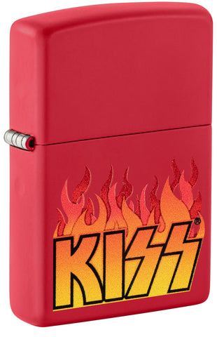Front shot of Zippo KISS Design Red Matte Windproof Lighter standing at a 3/4 angle.