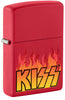 Front shot of Zippo KISS Design Red Matte Windproof Lighter standing at a 3/4 angle.