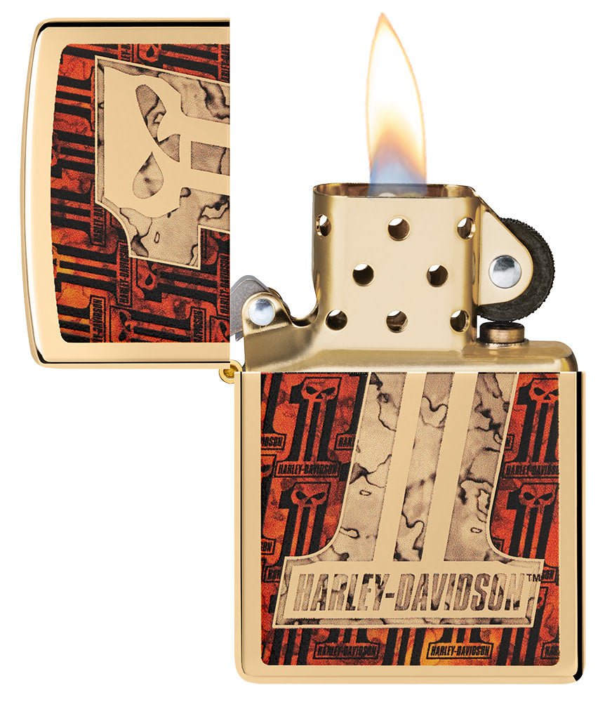 Harley-Davidson Number 1 Skull High Polish Brass Windproof Lighter with its lid open and lit.