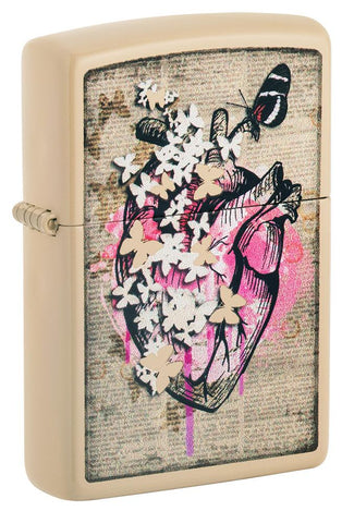 Front shot of Literary Anatomy Flat Sand Windproof Lighter standing at a 3/4 angle