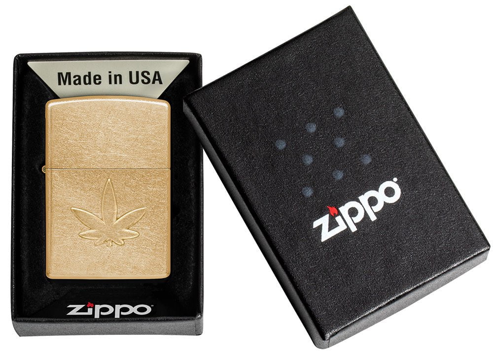 Cannabis Design Stamped Leaf Tumbled Brass Windproof Lighter in its packaging.