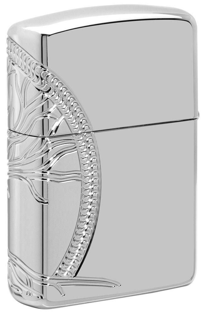 Back shot of ArmorÂ® High Polish Sterling Silver Tree of Life Windproof Lighter standing at a 3/4 angle