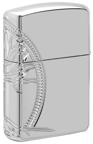 Back shot of Armor® High Polish Sterling Silver Tree of Life Windproof Lighter standing at a 3/4 angle