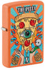 Front shot of Zippo Eye of Pizza Orange Matte Windproof Lighter standing at a 3/4 angle.