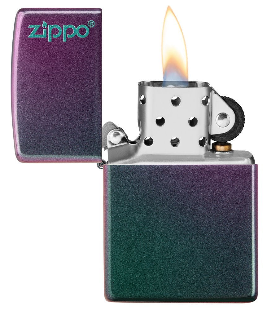 Iridescent Zippo Logo windproof lighter with the lid open and lit