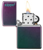 Iridescent Zippo Logo windproof lighter with the lid open and lit
