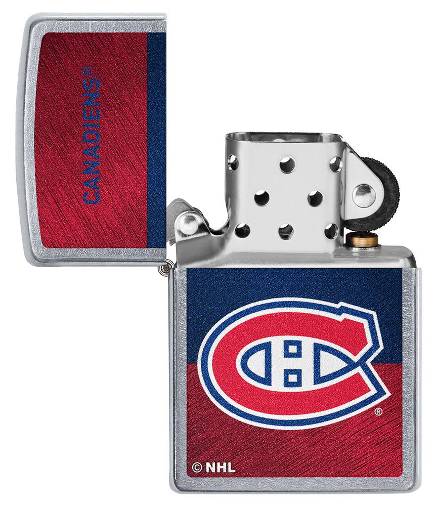 NHL® Montreal Canadiens Street Chrome™ Windproof Lighter with its lid open and unlit