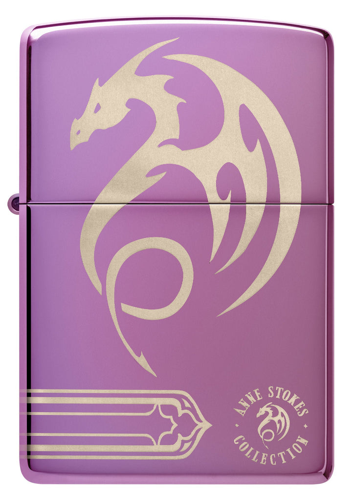 Front shot of Zippo Anne Stokes Laser 360 High Polish Purple Windproof Lighter.