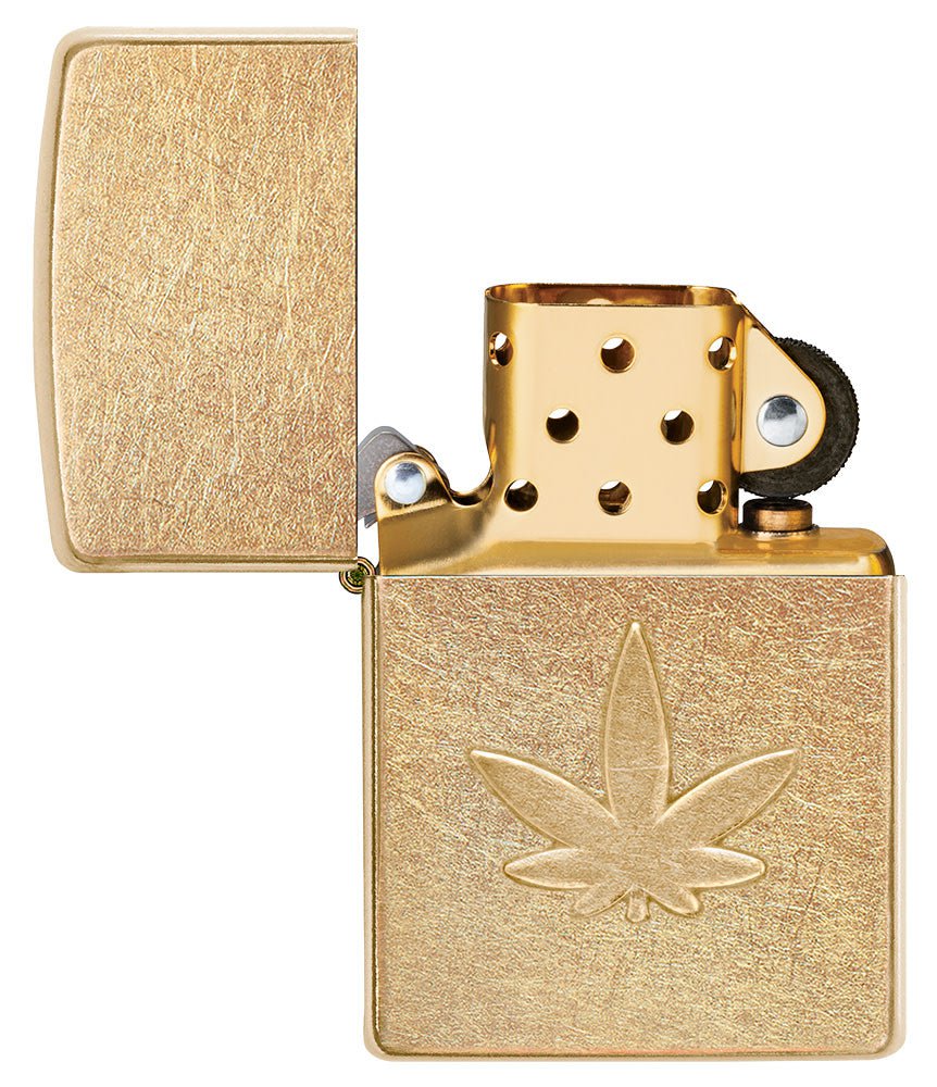 Cannabis Design Stamped Leaf Tumbled Brass Windproof Lighter with its lid open and unlit.