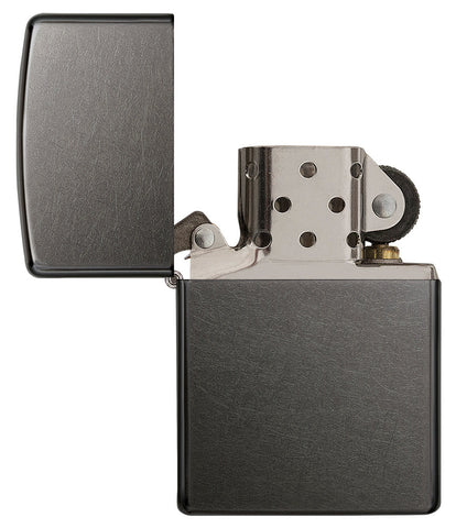 Classic Gray Windproof Lighter with its lid open and unlit.