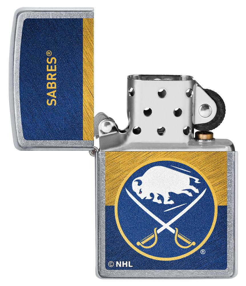NHL® Buffalo Sabre Street Chrome™ Windproof Lighter with its lid open and unlit