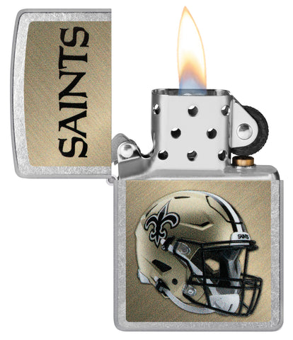 NFL New Orleans Saints Helmet Street Chrome Windproof Lighter with its lid open and lit.