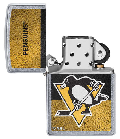 NHL® Pittsburgh Penguins Street Chrome™ Windproof Lighter with its lid open and unlit